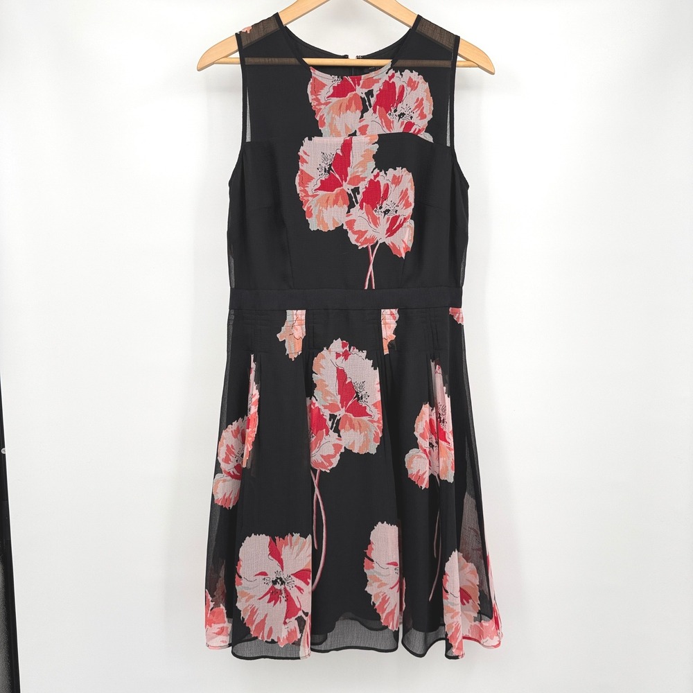 Ann Taylor Floral Sheer Dress Sleeveless Black Fit &‎ Flare Party Dress Sz 6